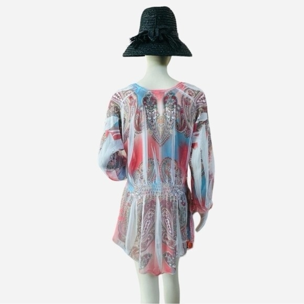 Daniel Benjamin Sheer Studded Tunic Blouse Dress Multicolor V-Neck Size M - Picture 8 of 11